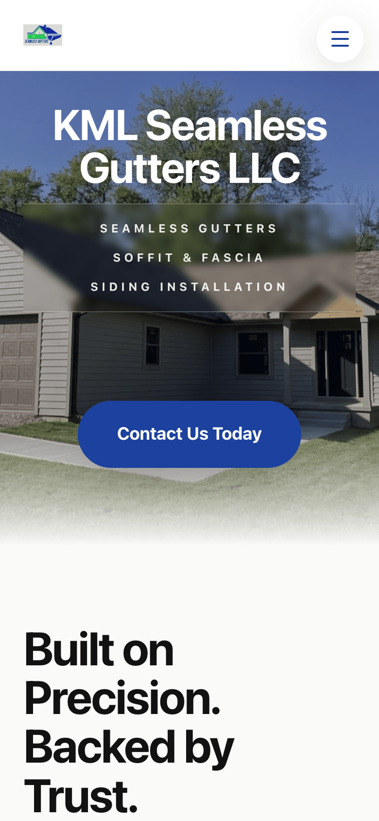 KML Seamless Gutters LLC mobile website screenshot